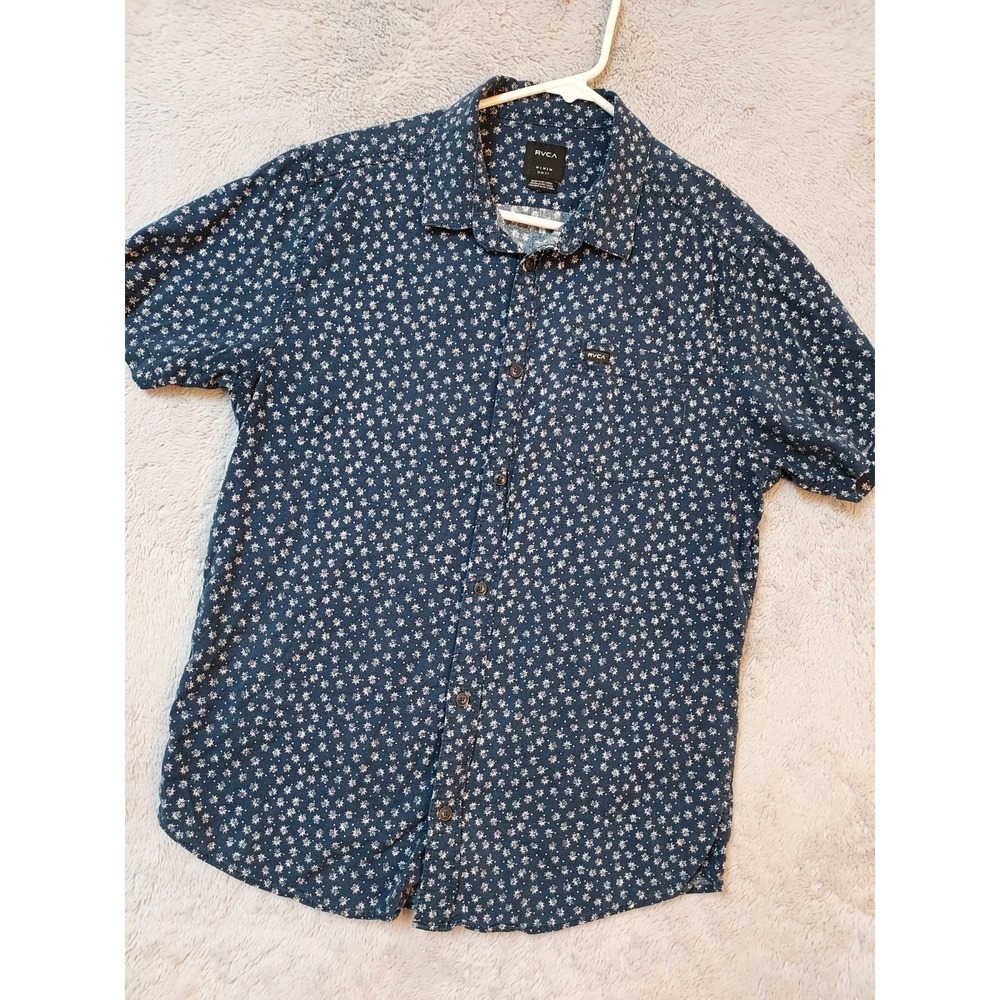 RVCA Shirt Mens Medium Slim Fit Geometric Cotton Viscose Blend Blue Surfer Beach